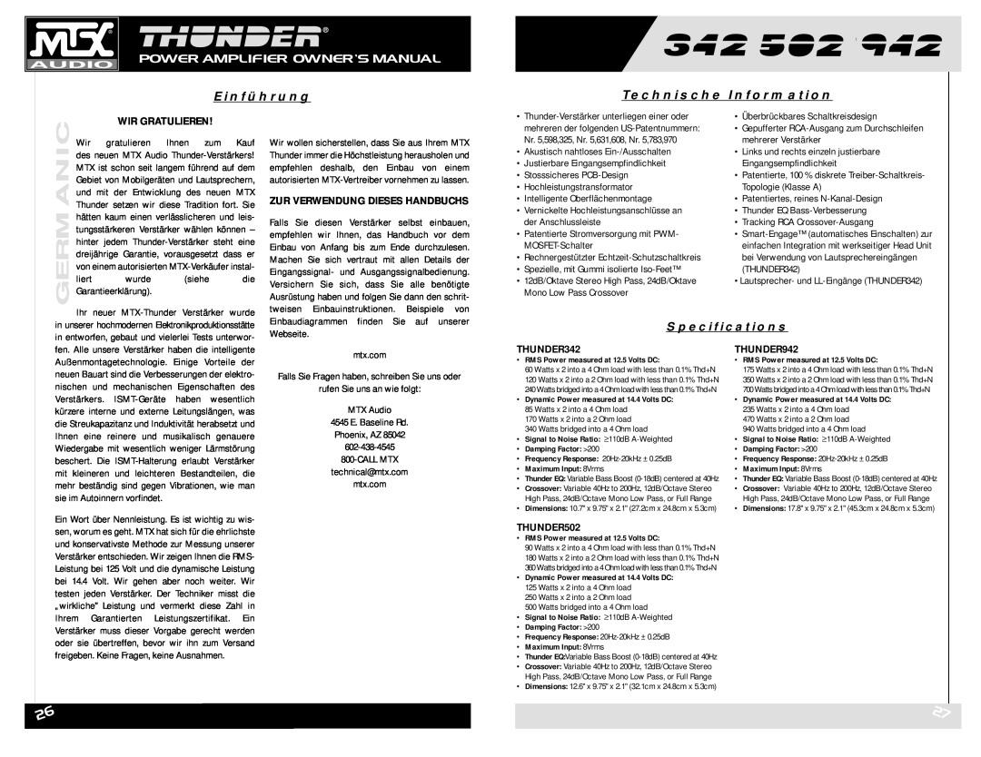 MTX Audio POWER AMPLIFIE Einführung, Technische Information, Wir Gratulieren, Zur Verwendung Dieses Handbuchs, THUNDER342 