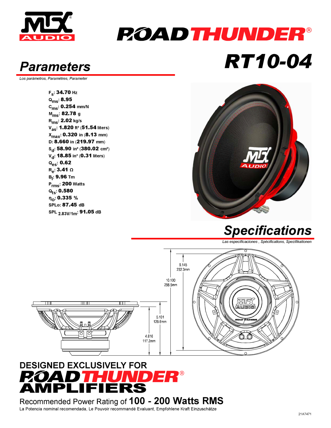 MTX Audio RT10-04 specifications Parameters, Specifications 