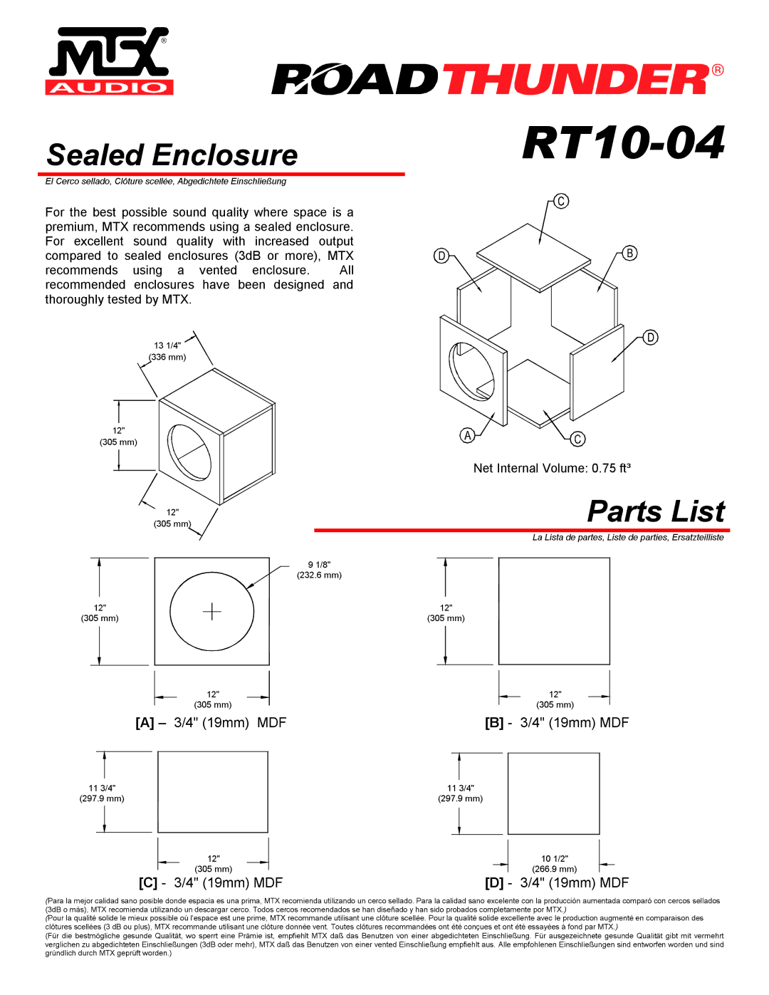 MTX Audio RT10-04 specifications Sealed Enclosure, Parts List 