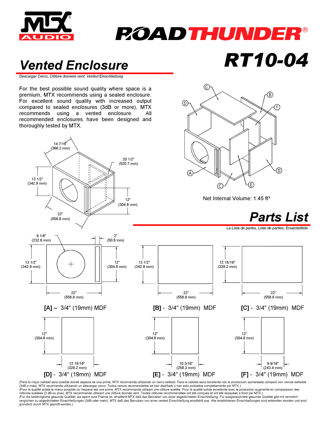 MTX Audio RT10-04 specifications Vented Enclosure 