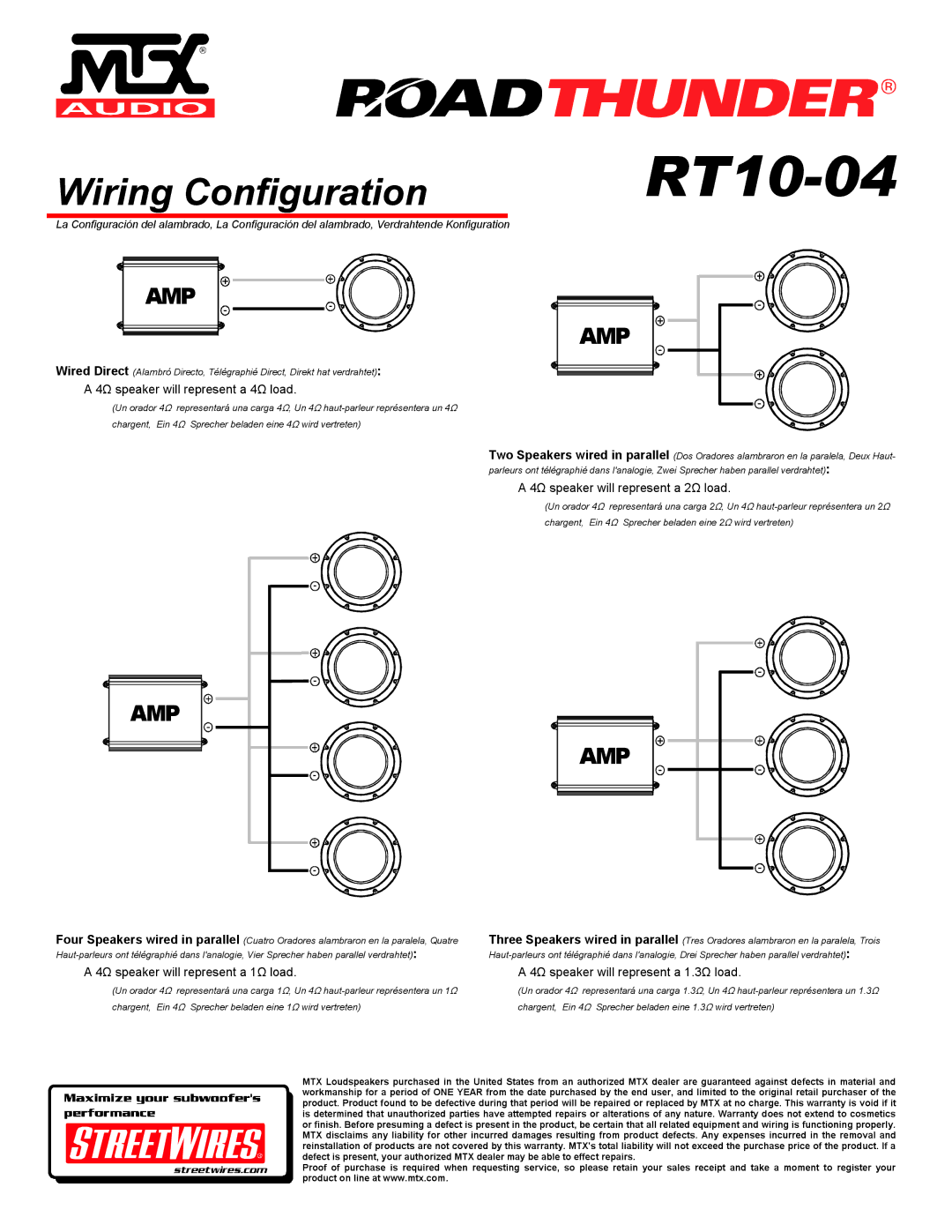 MTX Audio RT10-04 specifications Wiring Configuration, Amp 