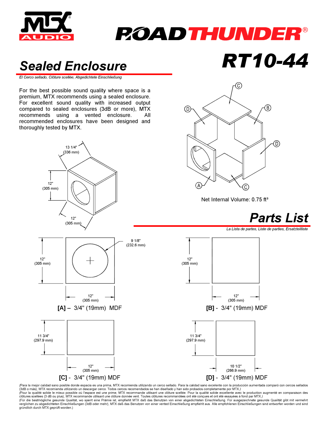 MTX Audio RT10-44 specifications Sealed Enclosure, Parts List 