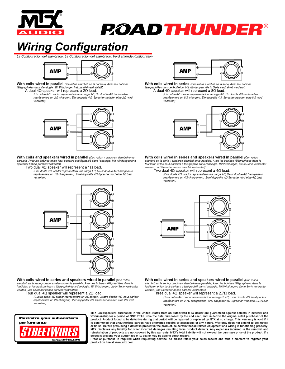 MTX Audio RT10-44 specifications Wiring Configuration, Amp 