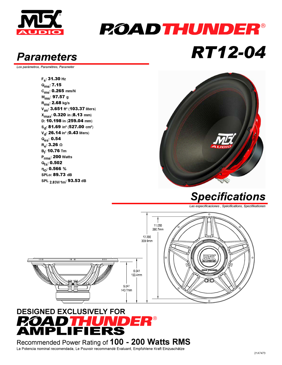 MTX Audio RT12-04 specifications Parameters, Specifications 