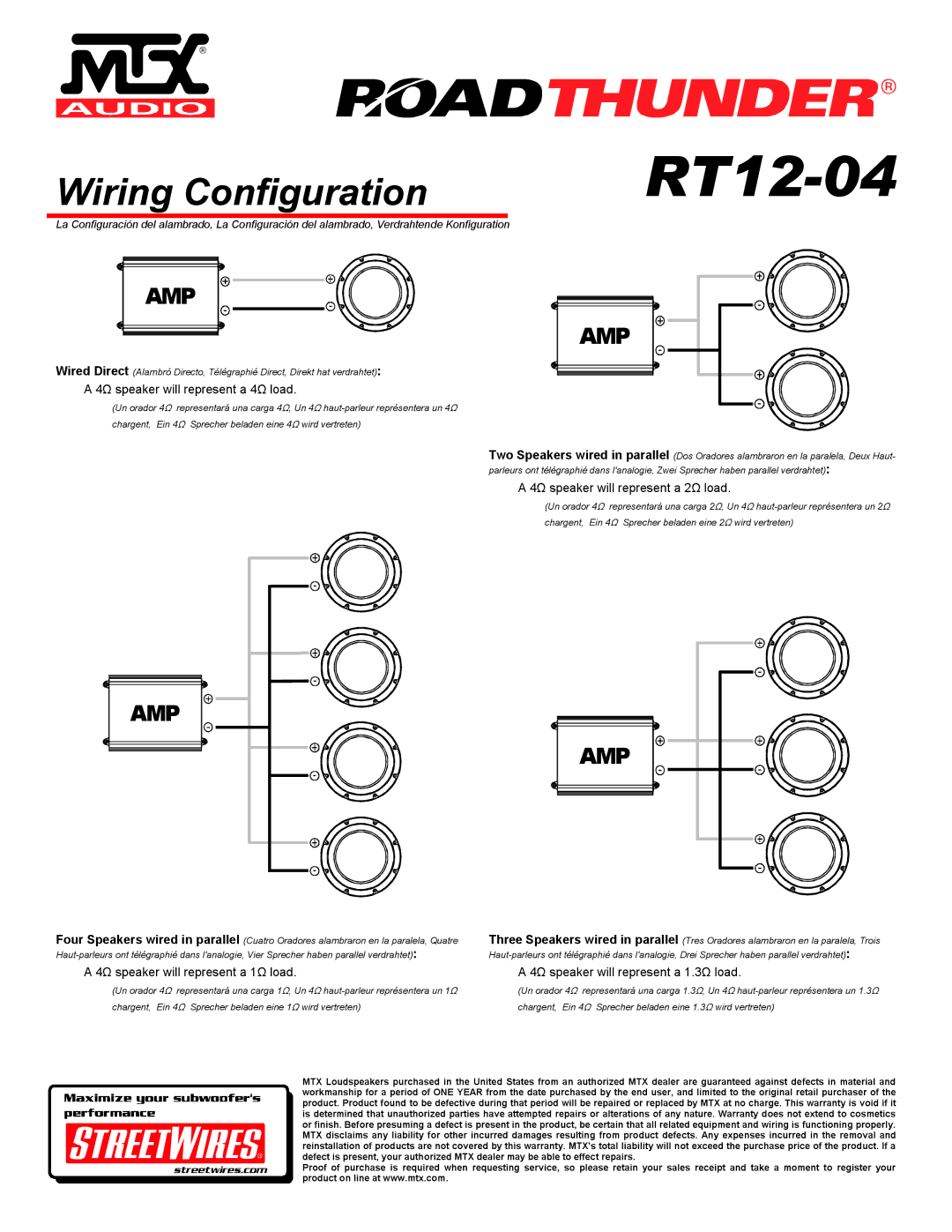 MTX Audio RT12-04 specifications Wiring Configuration, Amp 