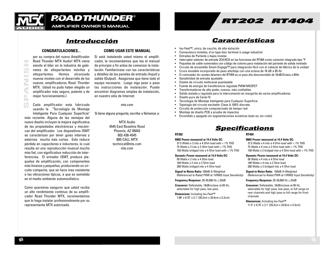 MTX Audio RT202 RT404 owner manual Introducción Características 