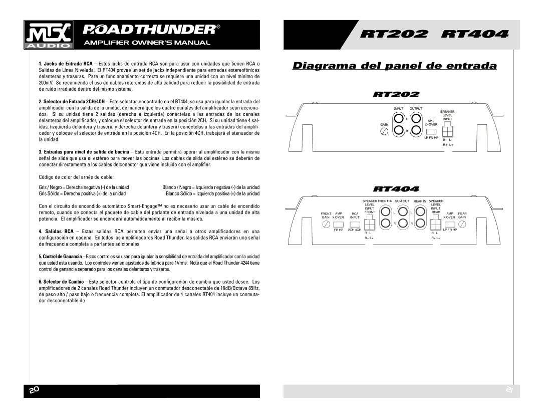 MTX Audio RT202 RT404 owner manual Diagrama del panel de entrada, Gris Sólido = Derecha positiva + de la unidad 