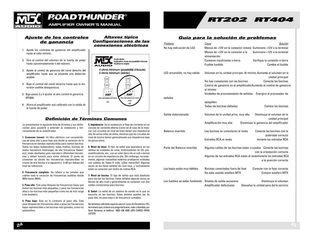 MTX Audio RT202 RT404 owner manual Ajuste de los controles, De ganancia, Guía para la solución de problemas 