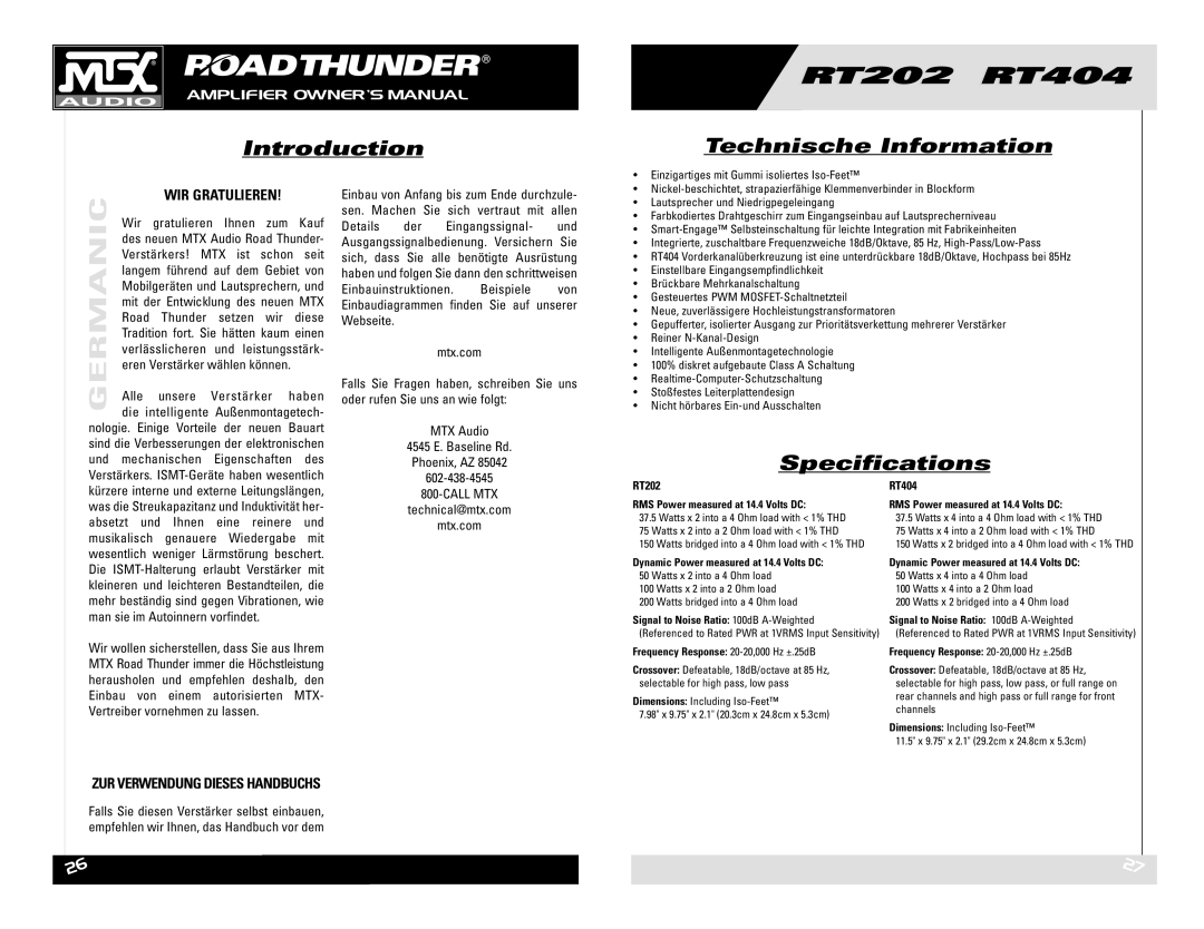 MTX Audio RT202 RT404 owner manual Introduction, Technische Information 