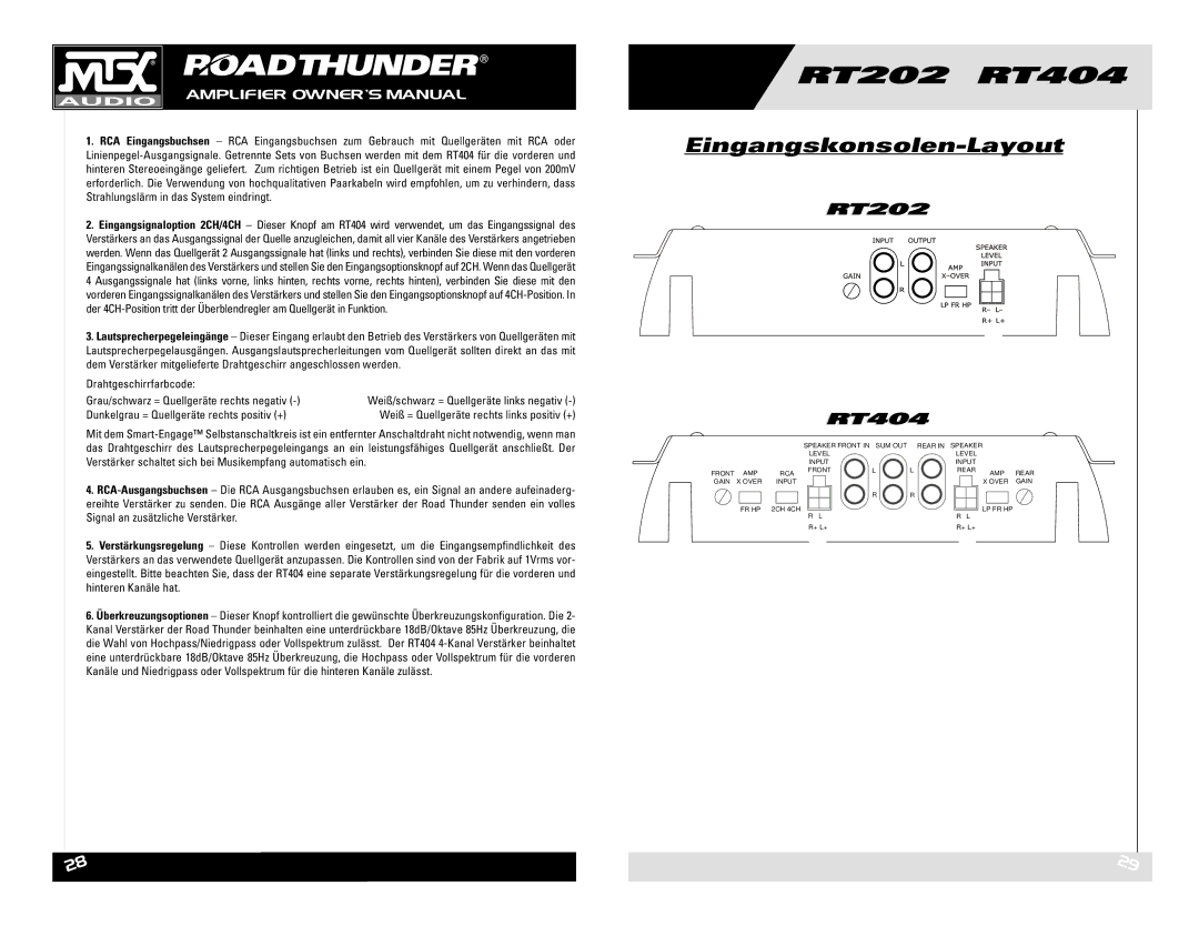 MTX Audio RT202 RT404 owner manual Eingangskonsolen-Layout 