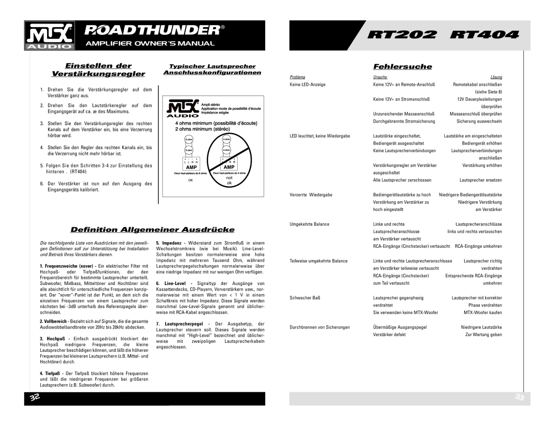 MTX Audio RT202 RT404 owner manual Einstellen der Verstärkungsregler, Fehlersuche, Definition Allgemeiner Ausdrücke 