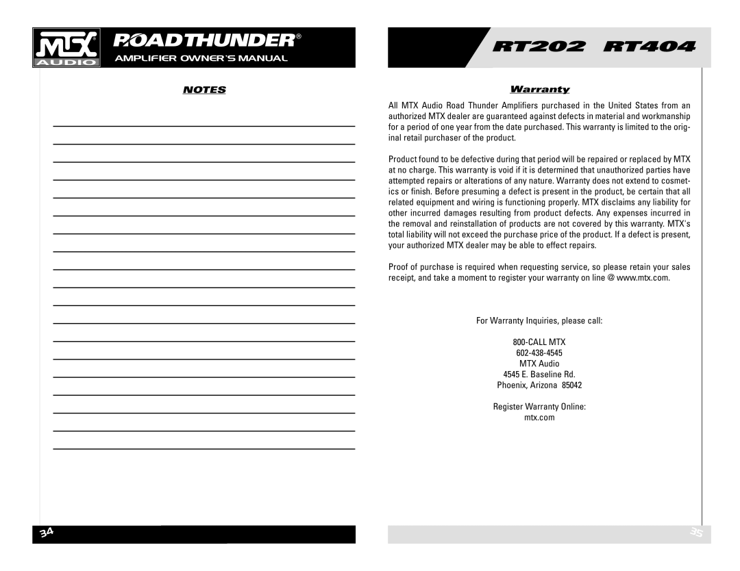 MTX Audio RT202 RT404 owner manual Warranty, Call MTX 