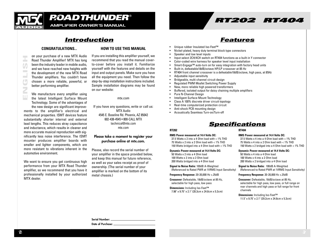 MTX Audio RT202 RT404 owner manual Introduction Features, Specifications 