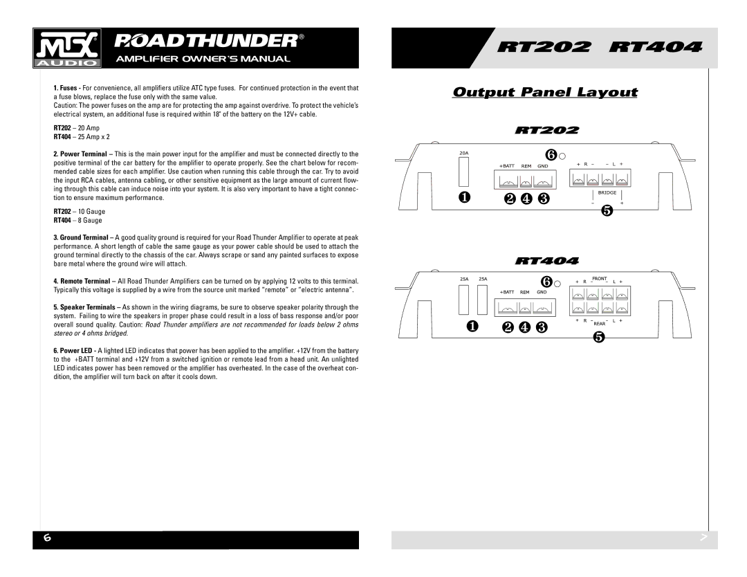 MTX Audio RT202 RT404 owner manual ❶ ❷ ❹ ❸, Output Panel Layout 