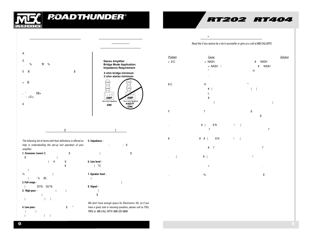 MTX Audio RT202 RT404 owner manual Adjusting the Gain, Typical Speaker Wiring Configurations, Troubleshooting Guide 