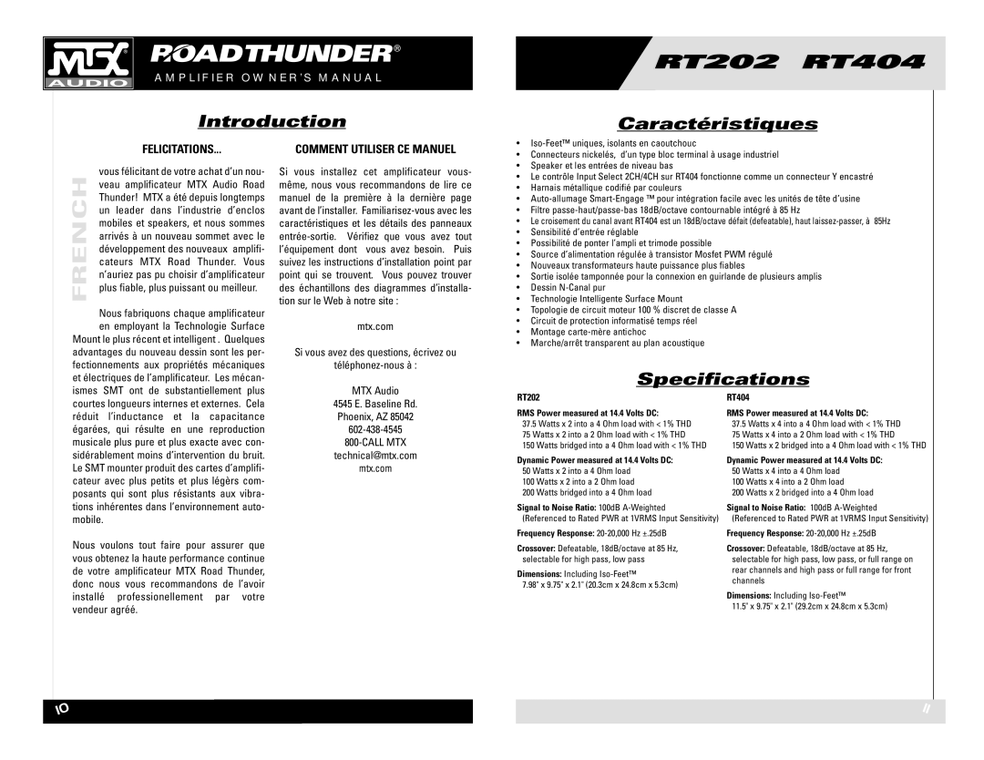 MTX Audio RT202 RT404 owner manual Introduction Caractéristiques, MTX Audio 