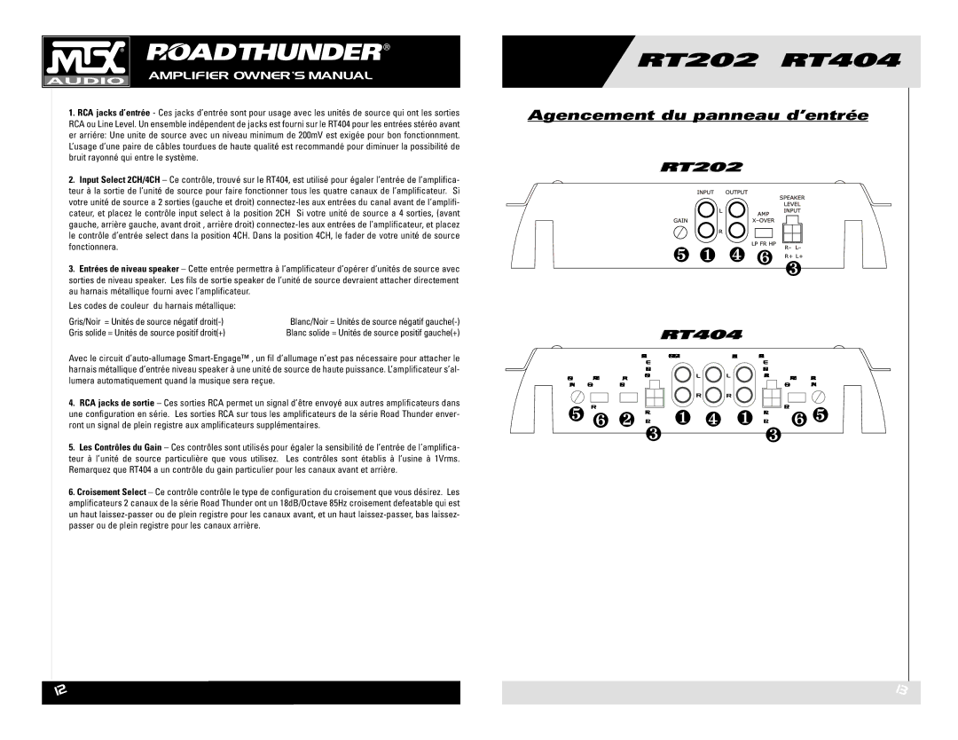 MTX Audio RT202 RT404 owner manual Agencement du panneau d’entrée 