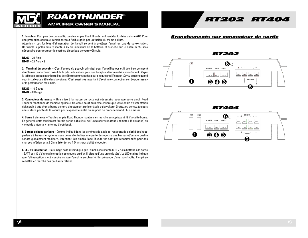 MTX Audio RT202 RT404 owner manual Branchements sur connecteur de sortie, RT202 20 Amp RT404 25 Amp x 