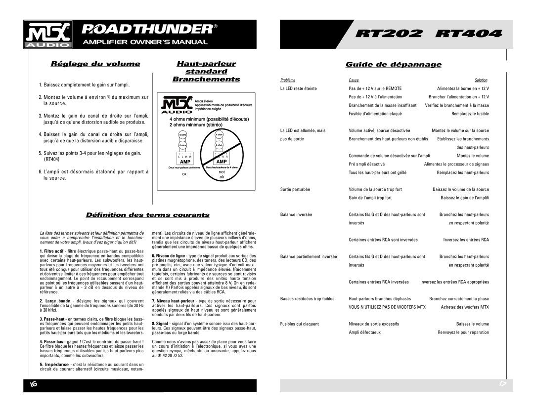 MTX Audio RT202 RT404 owner manual Réglage du volume, Haut-parleur, Standard, Branchements, Guide de dépannage 