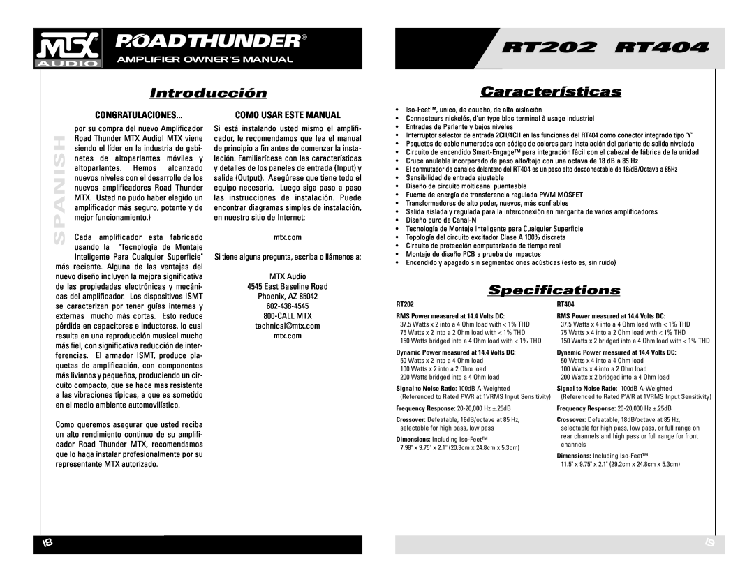 MTX Audio RT202 RT404 owner manual Introducción, Características, Congratulaciones, Como Usar Este Manual, Specifications 