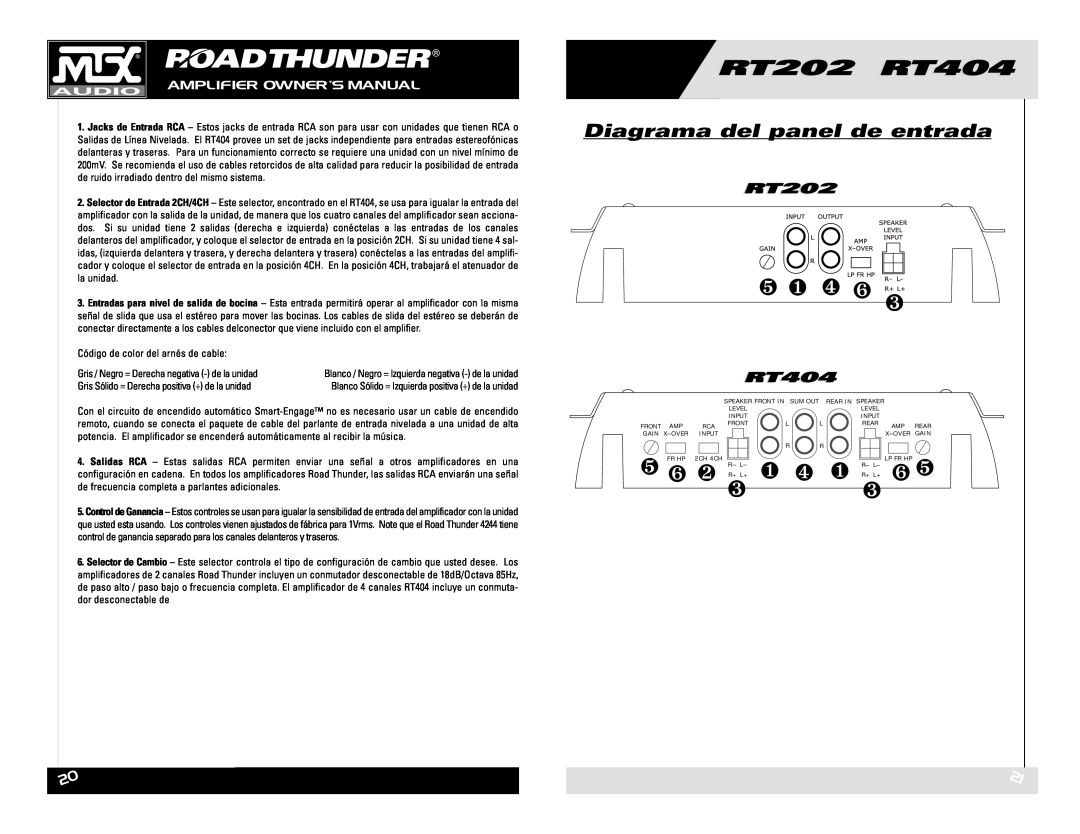 MTX Audio RT202 RT404 owner manual Diagrama del panel de entrada, Código de color del arnés de cable 