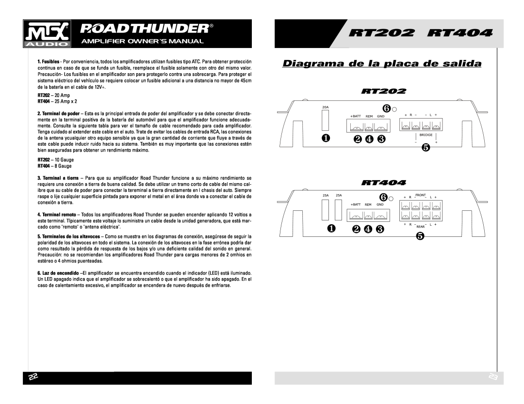 MTX Audio RT202 RT404 owner manual Diagrama de la placa de salida, ❶ ❷ ❹ ❸, RT202 - 20 Amp RT404 - 25 Amp 