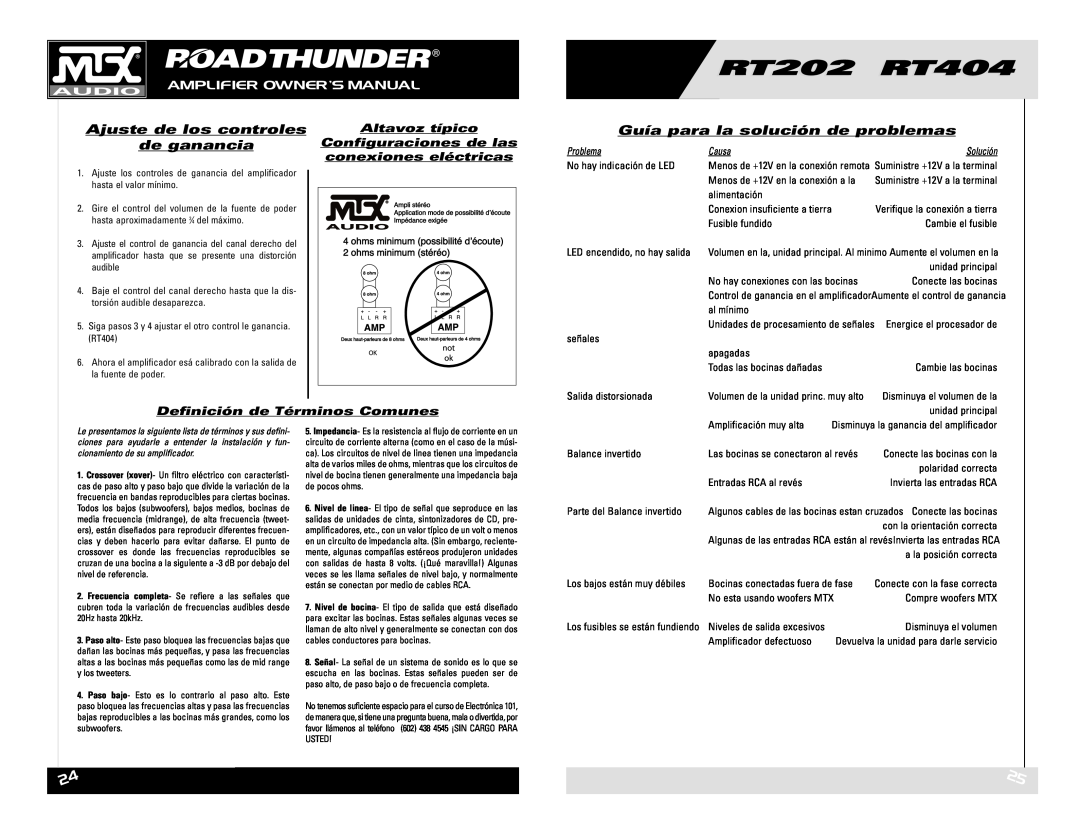 MTX Audio RT202 RT404 owner manual Ajuste de los controles, de ganancia, Guía para la solución de problemas, Altavoz típico 
