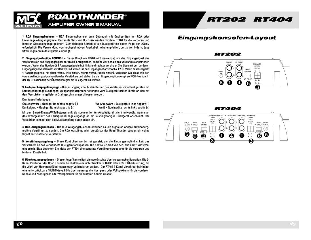 MTX Audio RT202 RT404 owner manual Eingangskonsolen-Layout 