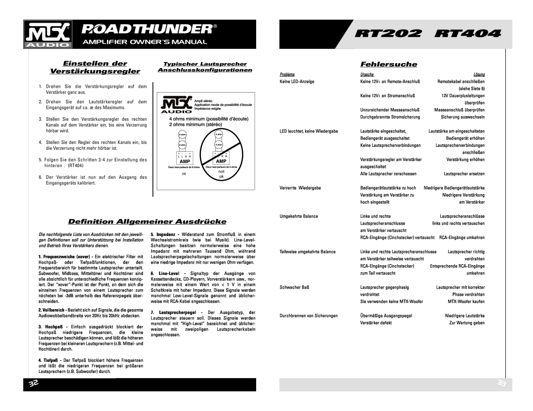 MTX Audio RT202 RT404 owner manual Einstellen der Verstärkungsregler, Fehlersuche, Definition Allgemeiner Ausdrücke 