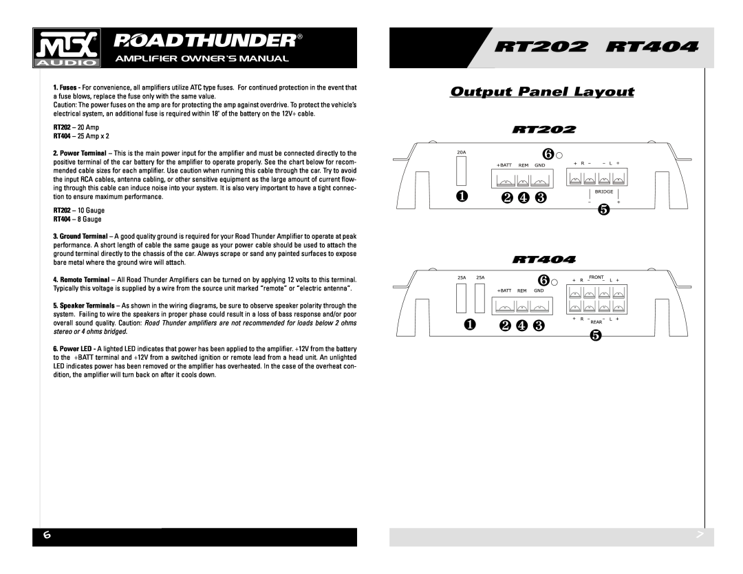 MTX Audio RT202 RT404 owner manual Output Panel Layout, ❶ ❷ ❹ ❸ 