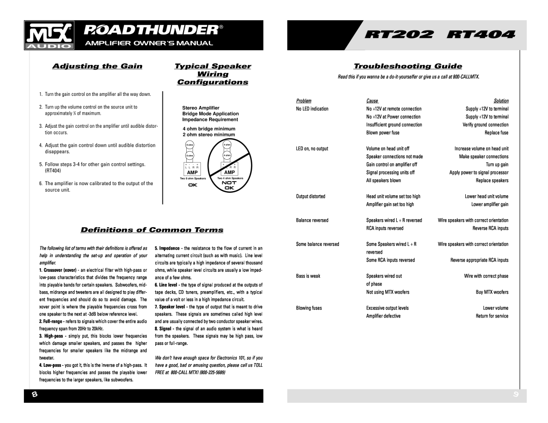 MTX Audio RT202 RT404 owner manual Adjusting the Gain, Typical Speaker Wiring Configurations, Troubleshooting Guide 