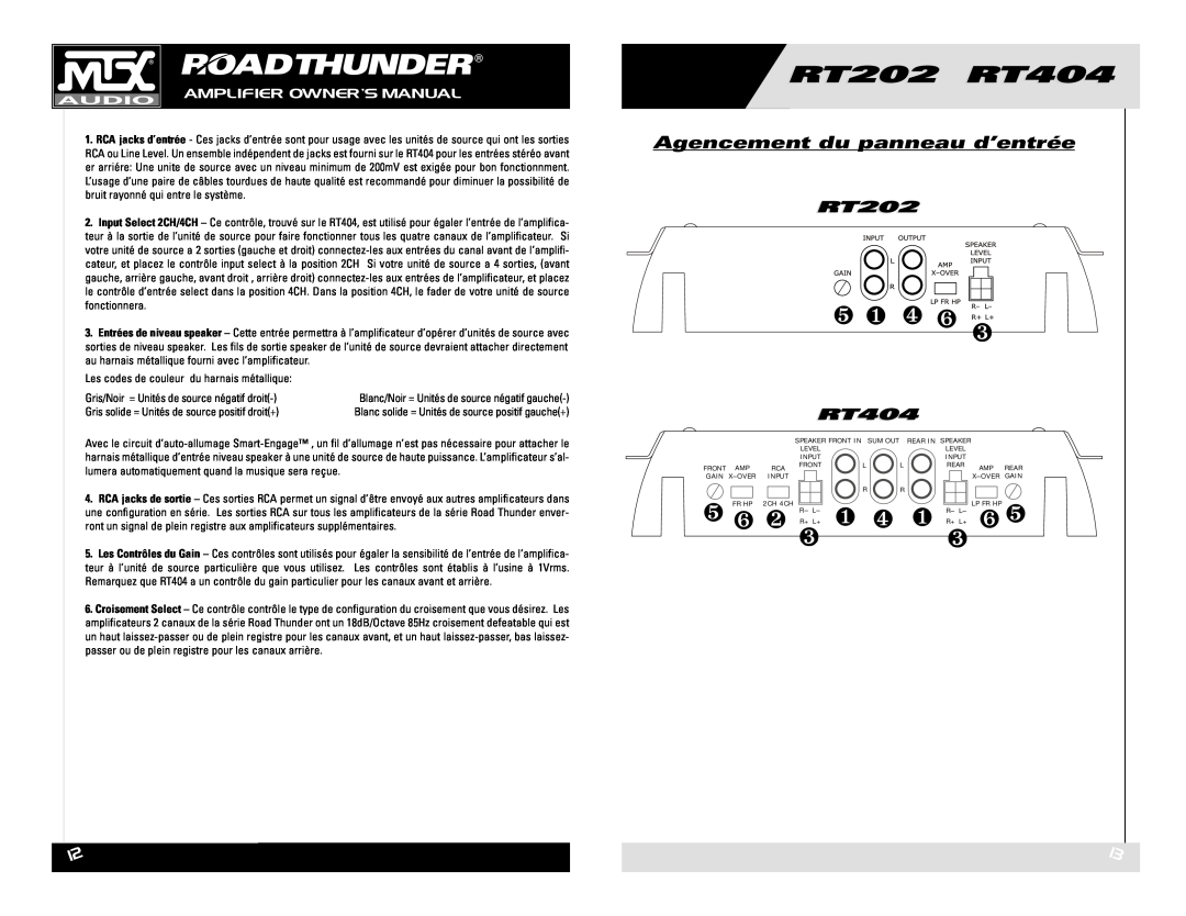 MTX Audio RT202 RT404 owner manual Agencement du panneau d’entrée 