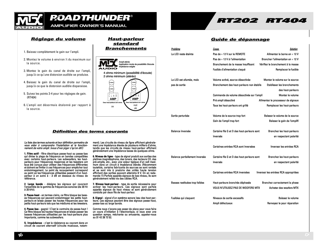 MTX Audio RT202 RT404 owner manual Réglage du volume, Haut-parleur, standard, Branchements, Guide de dépannage 