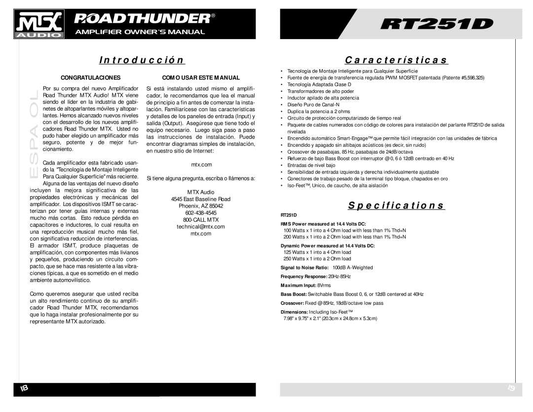 MTX Audio RT251D owner manual Congratulaciones, Como Usar Este Manual, Seguro, potente y de mejor fun, Cionamiento 