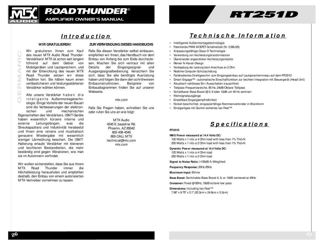 MTX Audio RT251D owner manual WIR Gratulieren, ZUR Verwendung Dieses Handbuchs 