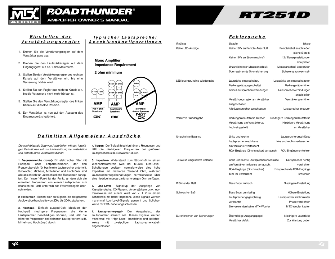 MTX Audio RT251D owner manual Einstellen der Verstärkungsregler, Fehlersuche, Definition Allgemeiner Ausdrücke 