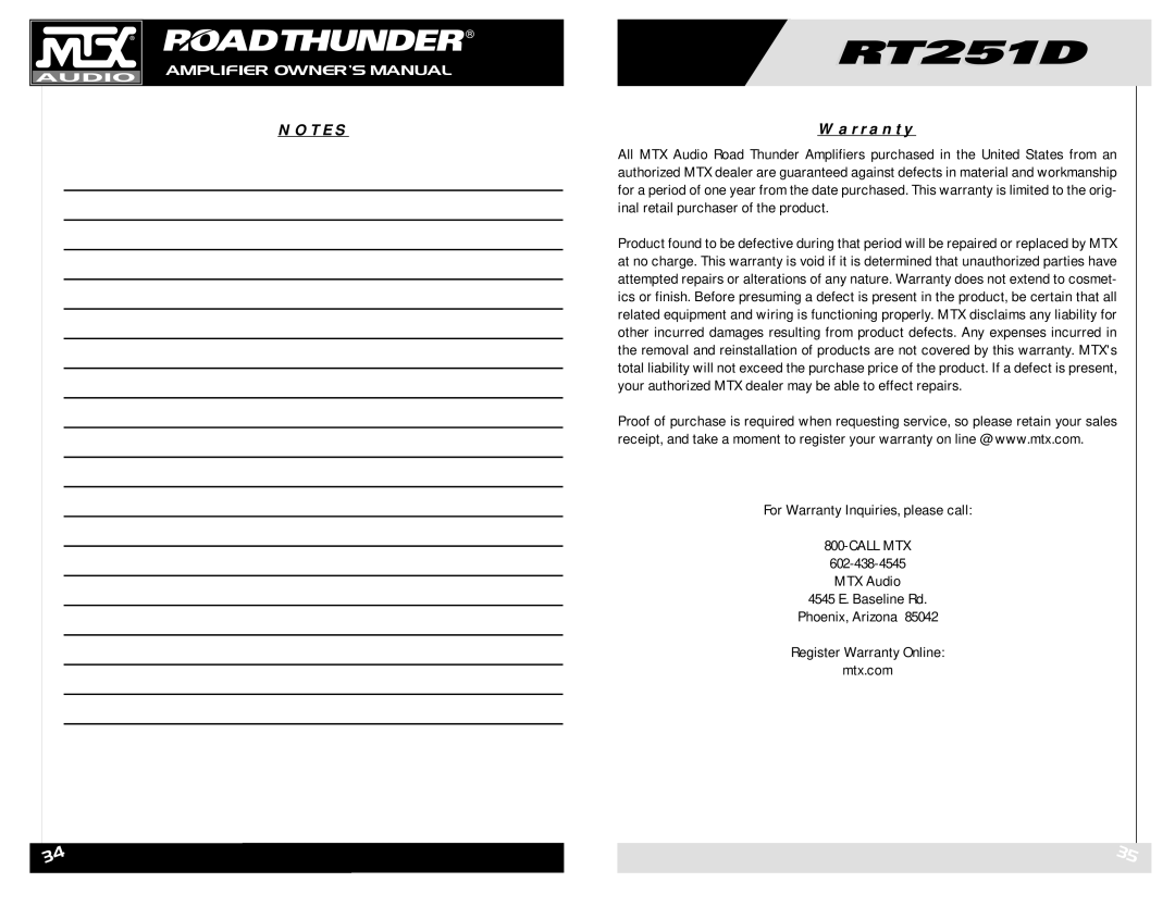 MTX Audio RT251D owner manual Warranty, Call MTX 