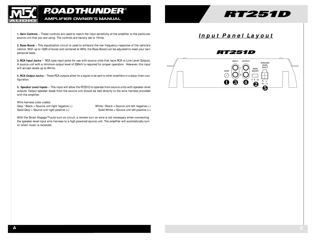 MTX Audio RT251D owner manual ❶ ❸ ❹ ❷ ❺, Solid Grey = Source unit right positive + 