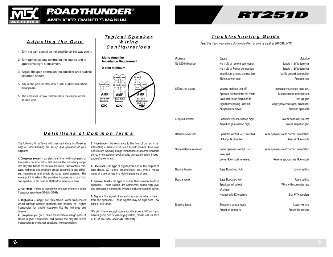 MTX Audio RT251D owner manual Adjusting the Gain, Typical Speaker Wiring Configurations Troubleshooting Guide 