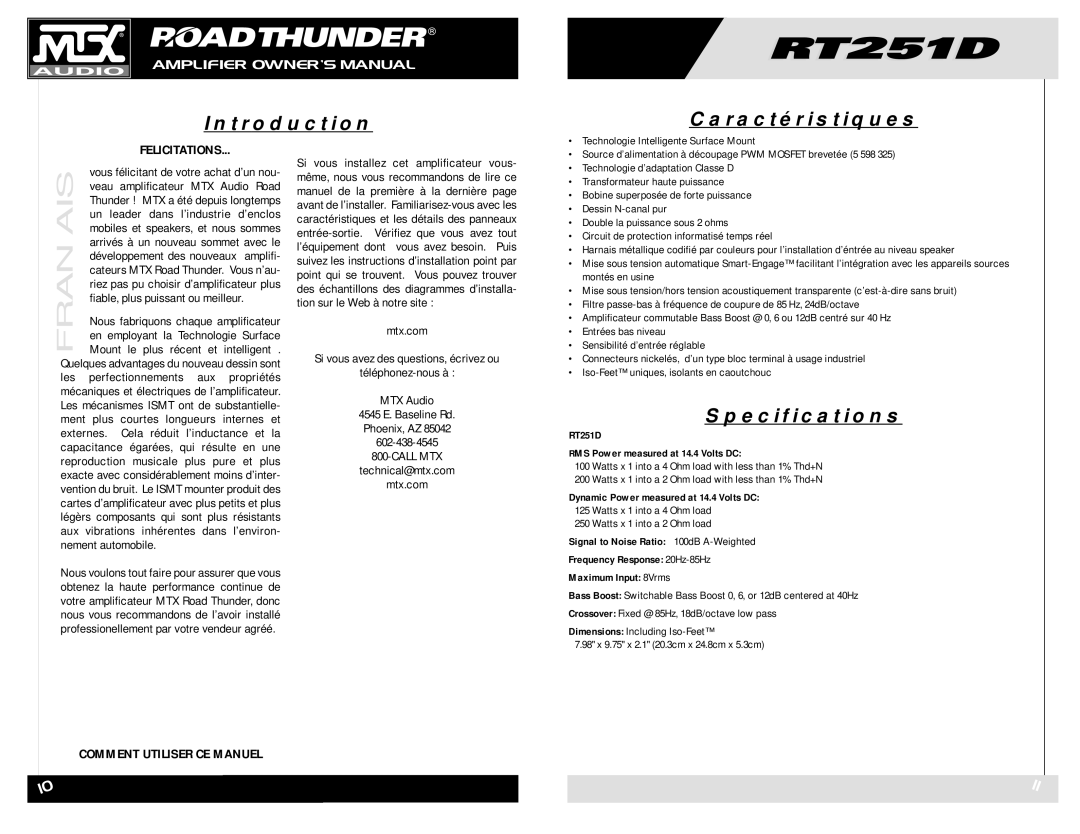 MTX Audio RT251D owner manual Felicitations, Comment Utiliser CE Manuel 