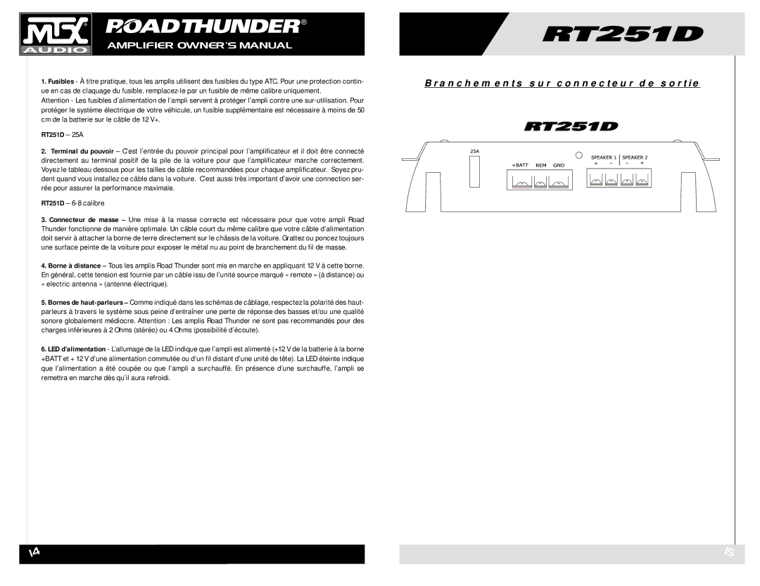 MTX Audio RT251D owner manual Branchements sur connecteur de sortie 