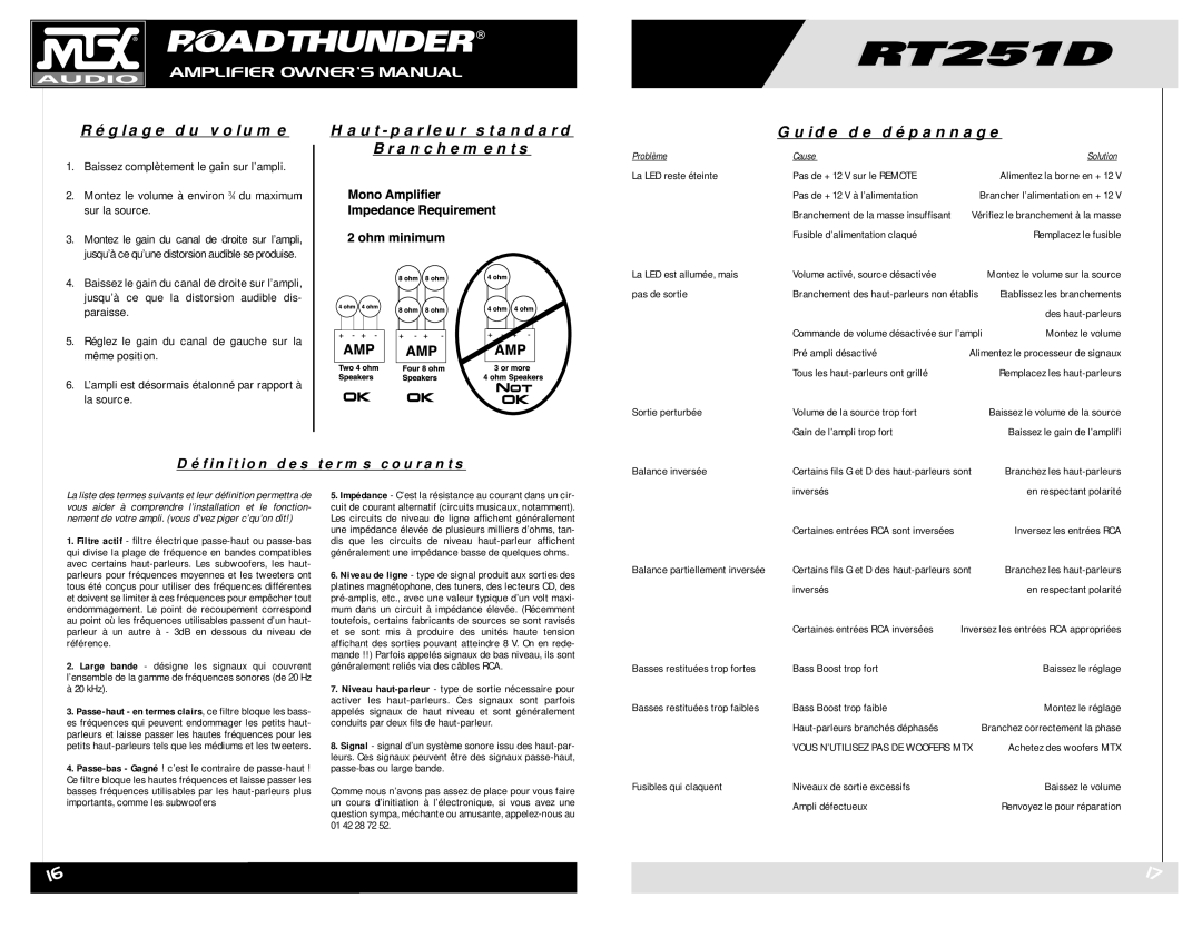 MTX Audio RT251D owner manual Réglage du volume, Haut-parleur standard Branchements Guide de dépannage 