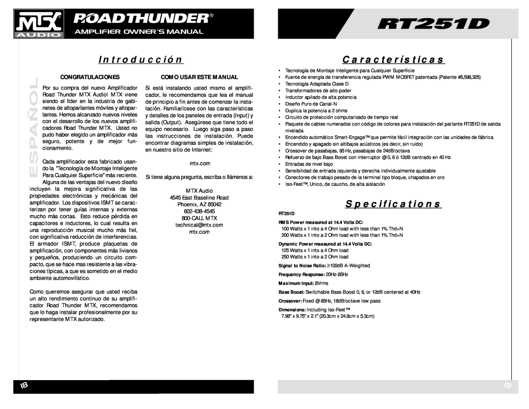MTX Audio RT251D Español, Introducción, Características, Congratulaciones, Como Usar Este Manual, Specifications 