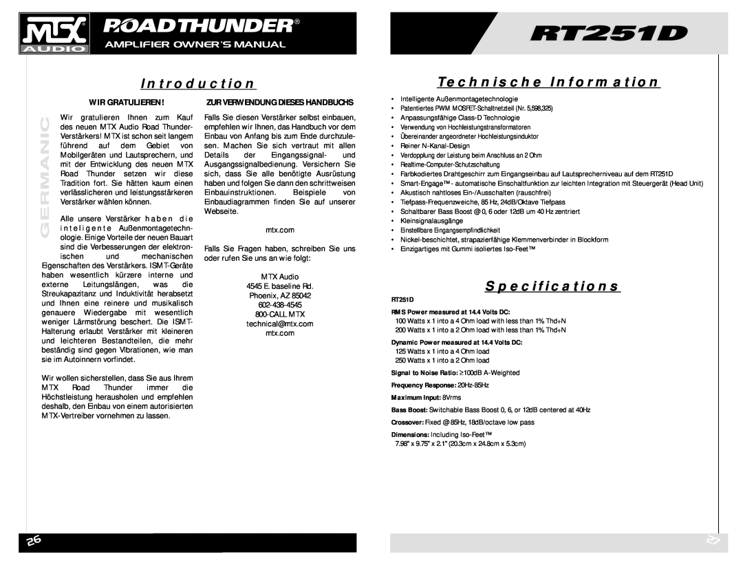 MTX Audio RT251D Technische Information, Wir Gratulieren, Zur Verwendung Dieses Handbuchs, Introduction, Specifications 