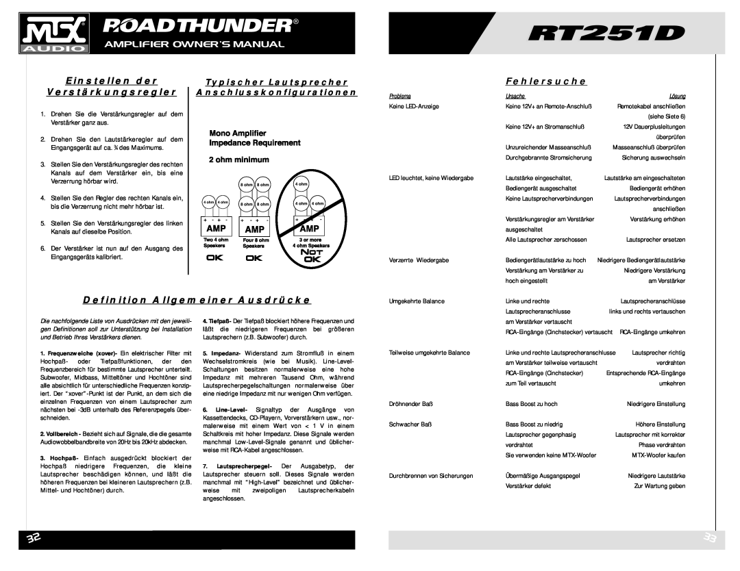 MTX Audio RT251D owner manual Einstellen der Verstärkungsregler, Fehlersuche, Definition Allgemeiner Ausdrücke 