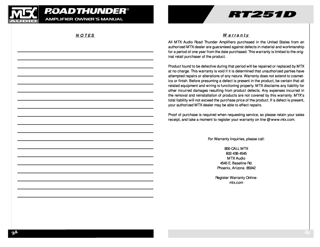 MTX Audio RT251D owner manual Warranty 