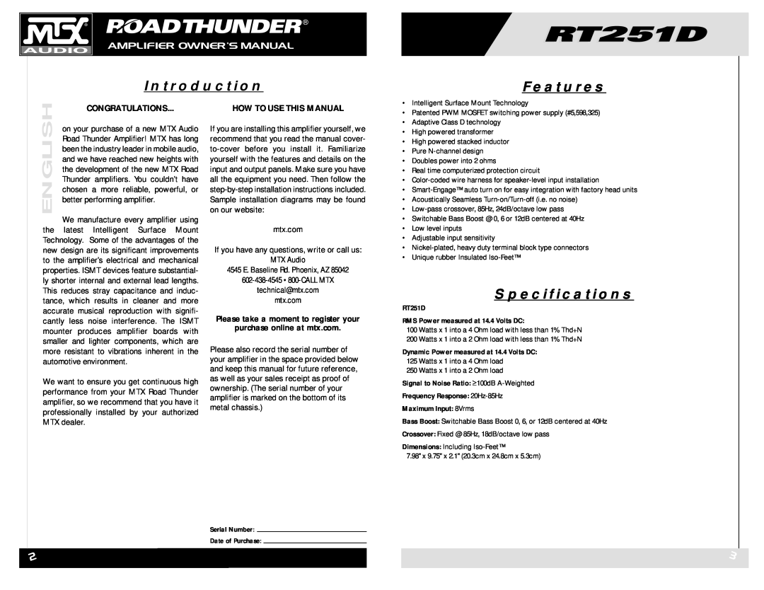 MTX Audio RT251D Introduction, Features, Specifications, Congratulations, How To Use This Manual, Maximum Input 8Vrms 