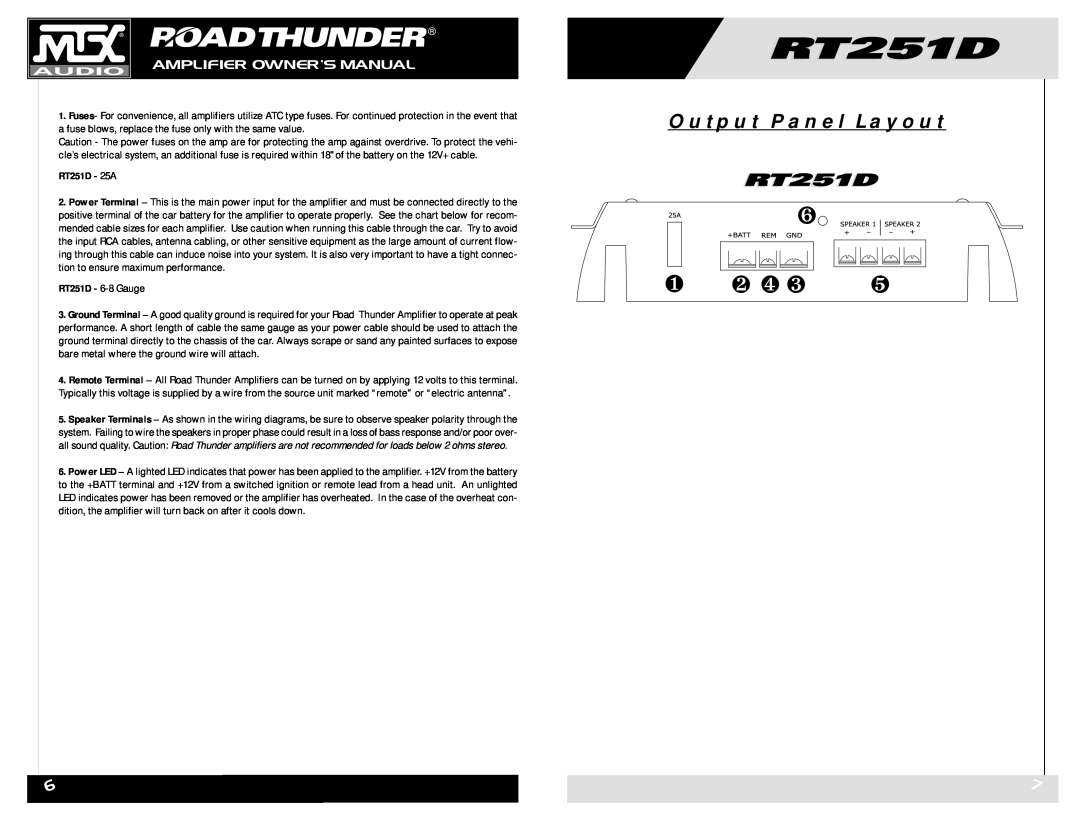 MTX Audio owner manual ❶ ❷ ❹ ❸, Output Panel Layout, RT251D - 25A, RT251D - 6-8Gauge 