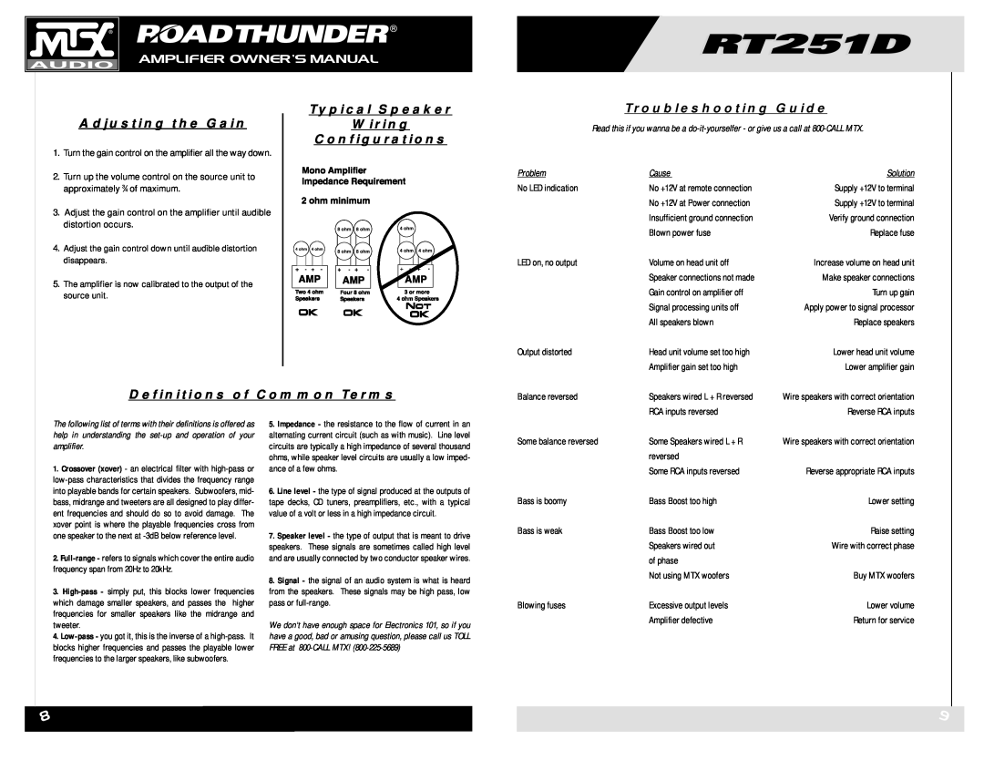 MTX Audio RT251D owner manual Adjusting the Gain, Typical Speaker Wiring Configurations, Troubleshooting Guide 