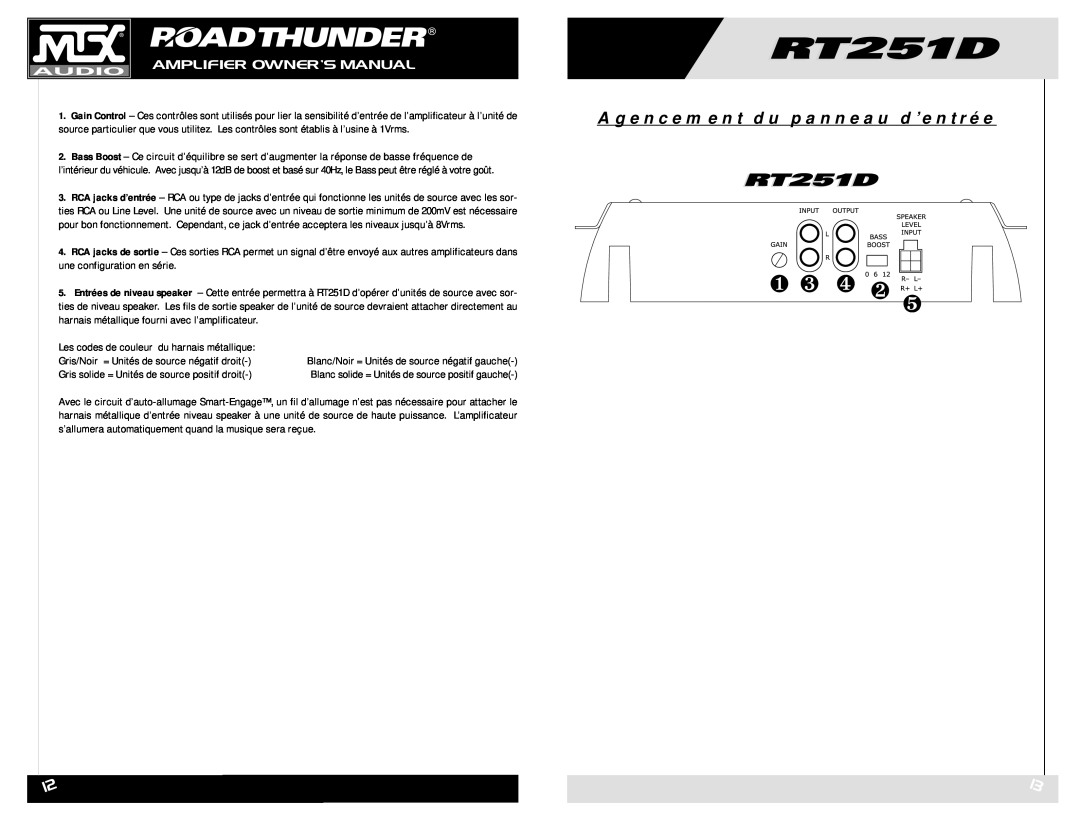 MTX Audio RT251D owner manual ❶ ❸ ❹ ❷ ❺, Agencement du panneau d’entrée 